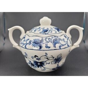 Vintage Nikko Japan Double Phoenix Sugar Bowl w Lid Blue White c. 1950s–70s